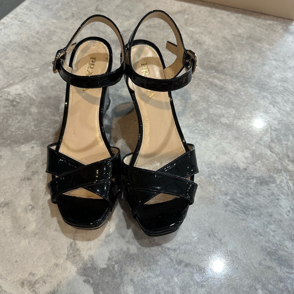 Prada Patent Black Wedge Sandals